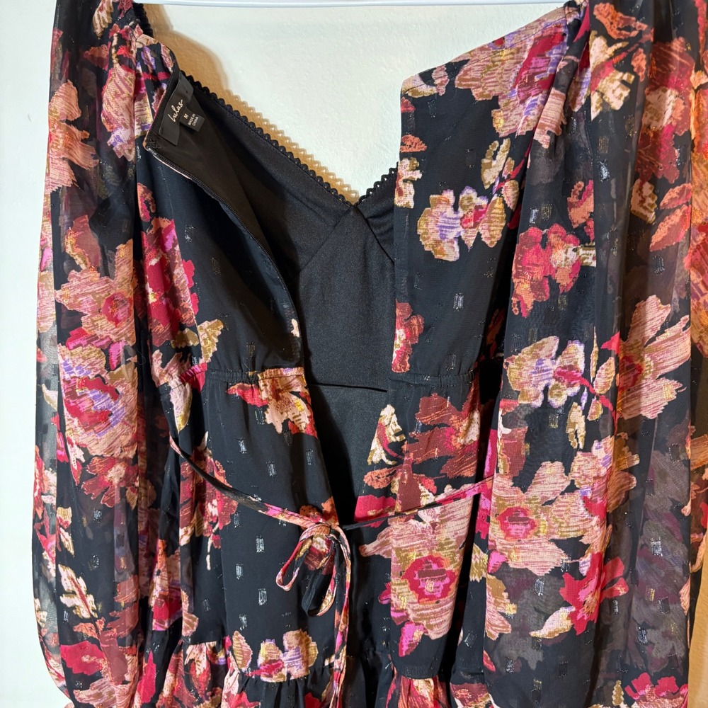 Lulus Dramatically Dreamy Black Floral Chiffon Tiered Lurex Mini Dress Medium - Picture 9 of 9